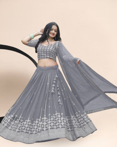 Embroidered Semi Stitched Lehenga Choli (Grey)