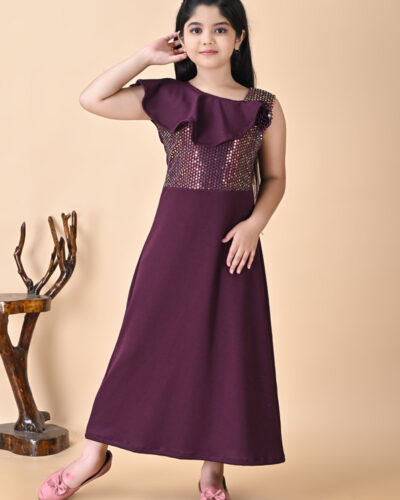 Girls Maxi/Full Length Party Dress (Purple, Fashion Sleeve)