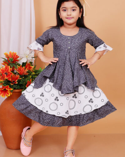 Girls Below Knee Festive/Wedding Dress (Grey, Half Sleeve)