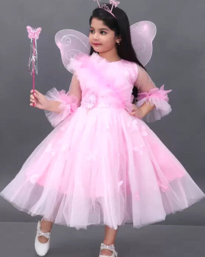 Girls Below Knee Festive/Wedding Dress (Pink, Full Sleeve)
