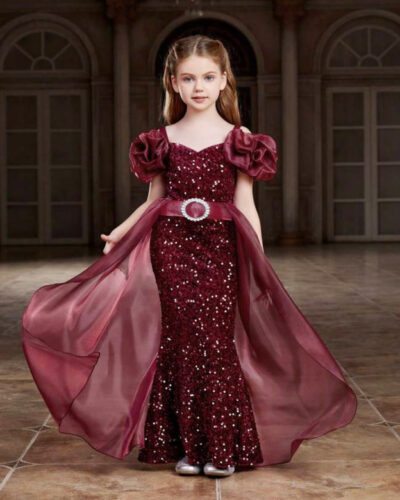 Girls Maxi/Full Length Party Dress (Maroon, Fashion Sleeve)