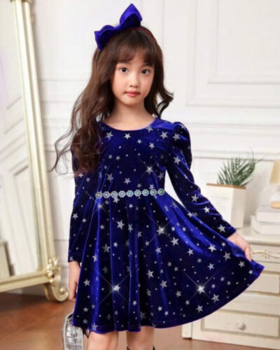 Girls Midi/Knee Length Party Dress (Blue, Full Sleeve)