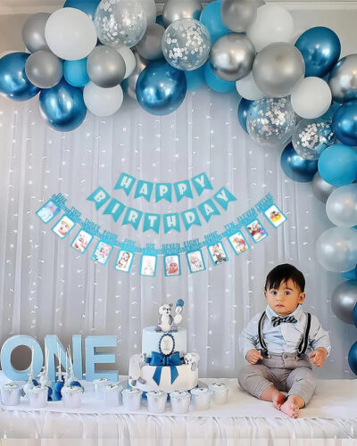Balloon and you Printed 1st birthday decoration with monthly Photo banner for boys Balloon (Blue, White, Silver, Pack of 50)