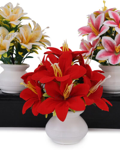 KanRaj Artificial Flowers with Pot For Décor Home For Festival, Make Love Multicolor Lily Artificial Flower with Pot (6 cm, Pack of 3, Single Flower)
