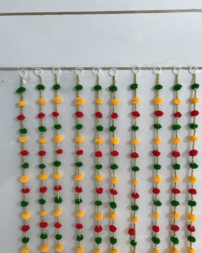Anicca Collections Handmade Wall Door 3 ft.Strings Red Yellow Green Hanging Pom Pom Torans Garland Bandhwar with Golden Bells - Decoration Item for Home Décor Diwali Festival, Navratri, Wedding (3 FT, 5 Strings) Toran (Wollen, Plastic, Beads)