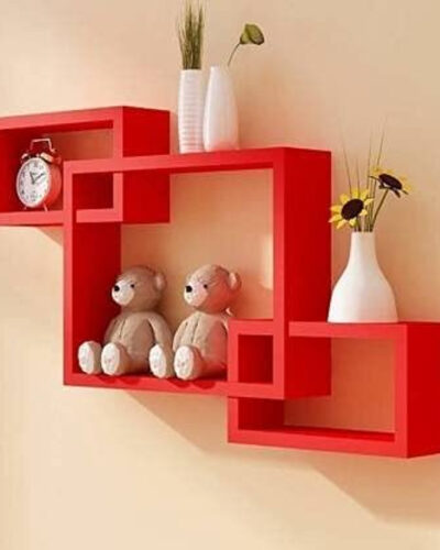 Green Decor Intersecting Square Shape Wall Mounted Shelf Rack for Bedroom & Living Room MDF (Medium Density Fiber) Wall Shelf (Number of Shelves - 3, Red)