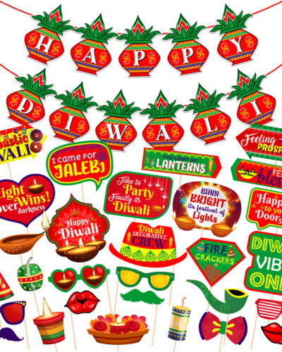 ZYOZI Multicolor Diwali Decorations Items - Diwali Photo Booth Props and Banner ( Pack of 31)