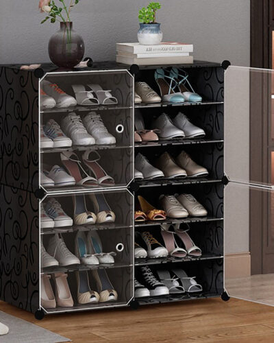 Sasimo 12-Shelf-4-Door Plastic Cubort Shoe Rack Plastic Collapsible Shoe Stand (Black, 12 Shelves, DIY(Do-It-Yourself))