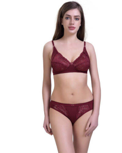 Bra & Panty Set Self Design Maroon Lingerie Set