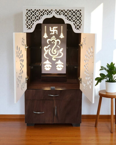 The Wooden Factory Elegant Wooden Home Temple with Laser Cut Jali Doors, LED Backlit Ganesha panel Engineered Wood Home Temple (Height: 130, Pre-assembled)