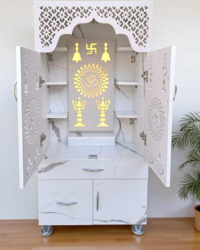 The Wooden Factory Taj Marble home temple with LED Backlight/ Om Symbol and Swastik Design Engineered Wood Home Temple (Height: 130, Pre-assembled)