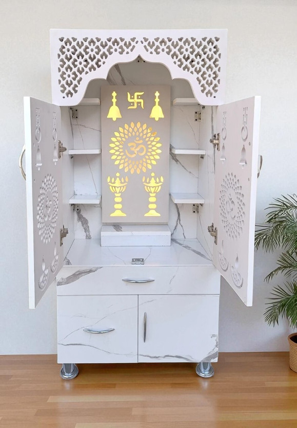 The Wooden Factory Taj Marble home temple with LED Backlight/ Om Symbol and Swastik Design Engineered Wood Home Temple (Height: 130, Pre-assembled)