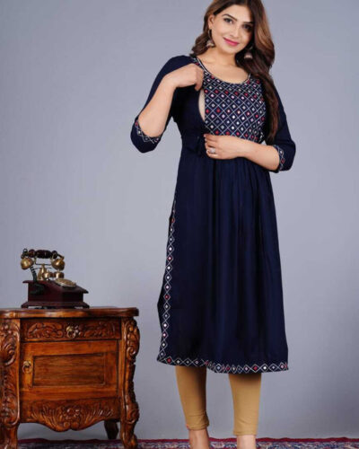 Women Embroidered Cotton Blend Straight Kurta (Dark Blue)
