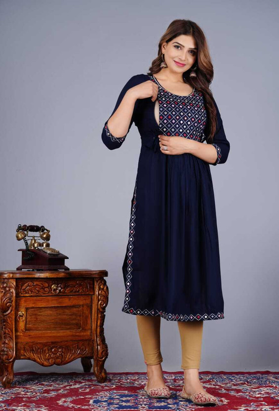 Women Embroidered Cotton Blend Straight Kurta (Dark Blue)
