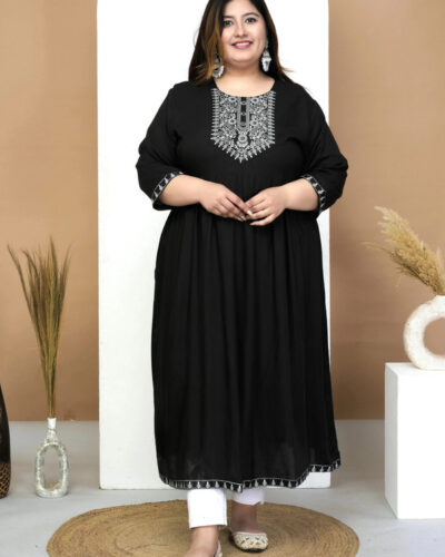 Women Embroidered Viscose Rayon Flared Kurta (Black)