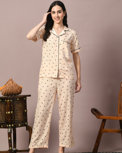Women Night Suit Set Beige Printed