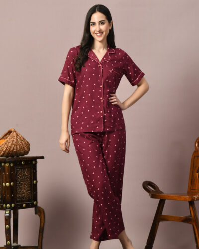 Women Night Suit Set Maroon Printed