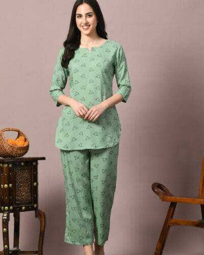 Women Night Suit Set Green Printed