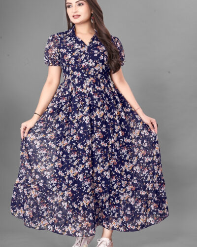 Women Pleated Blue Maxi/Full Length Dress