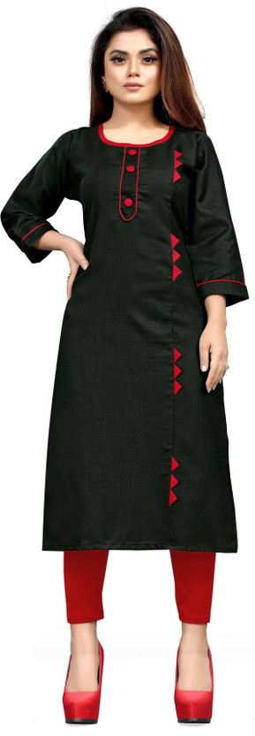 Women Solid Cotton Blend Straight Kurta (Black)