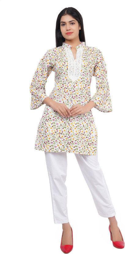 Women Printed Cotton Blend Straight Kurta (Multicolor, White)