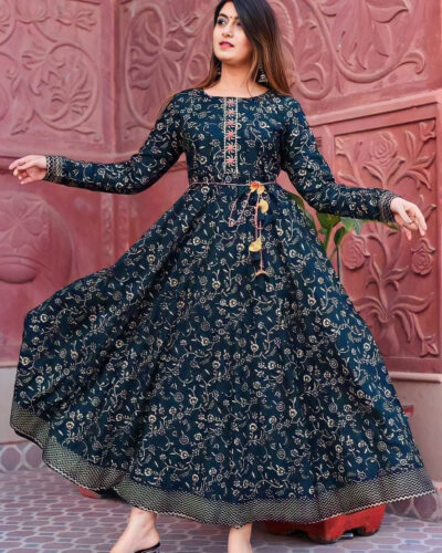 Women Printed Viscose Rayon Anarkali Kurta (Dark Green)