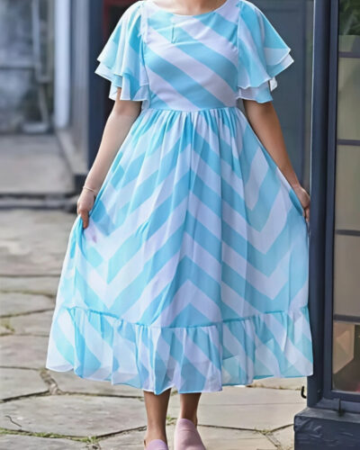 Women Fit and Flare Light Blue, White Midi/Calf Length Dress