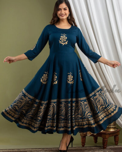 Women Floral Print Viscose Rayon Anarkali Kurta (Blue)