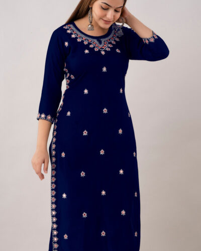 Women Embroidered Viscose Rayon Straight Kurta (Blue)
