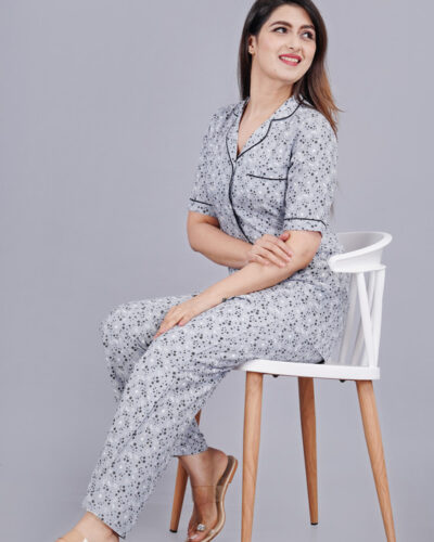 Women Night Suit Set Grey Geometric Print