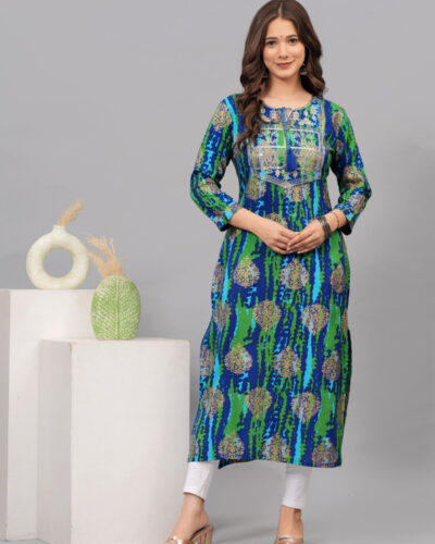 Women Printed Viscose Rayon Straight Kurta (Blue, Light Blue)