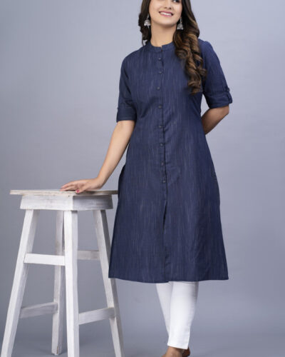 Women Solid Cotton Blend A-line Kurta (Blue)