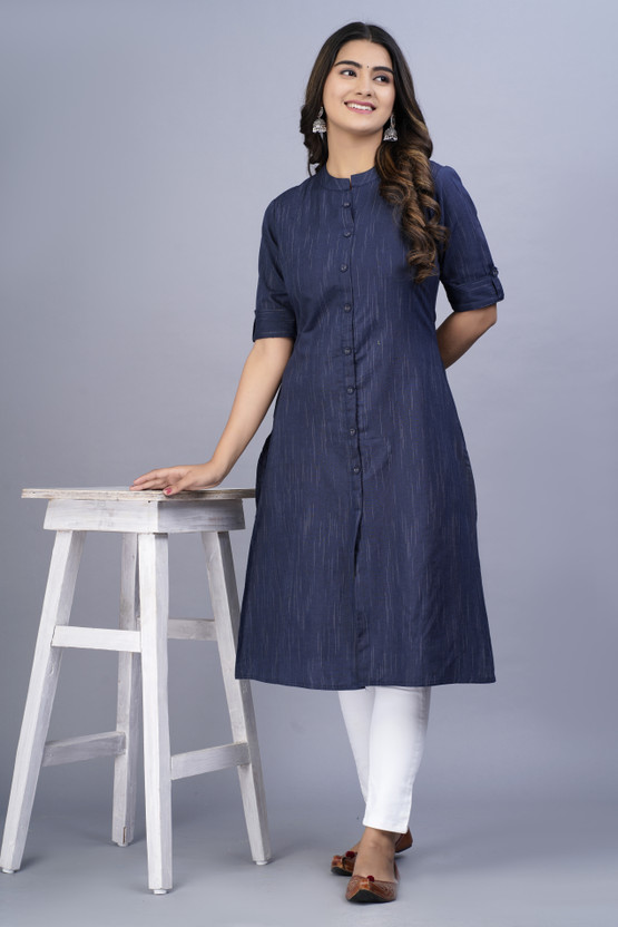 Women Solid Cotton Blend A-line Kurta (Blue)