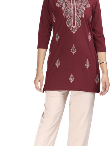 Women Top & Pyjama Set Maroon, Beige Printed