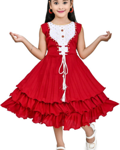 Girls Midi/Knee Length Party Dress (Red, Sleeveless)
