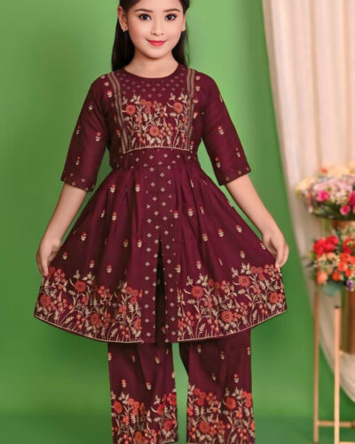 Girls Festive & Party Kurta and Palazzo Set (Maroon Pack of 1)