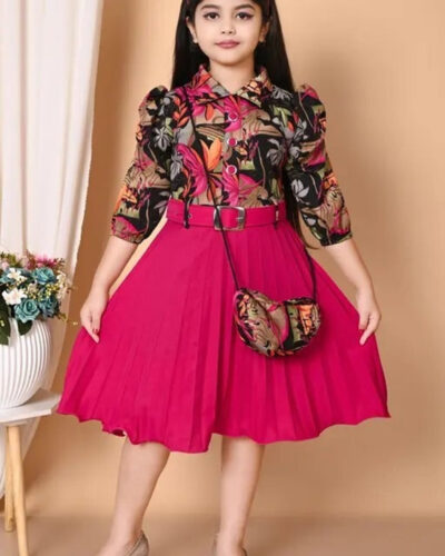 Girls Below Knee Festive/Wedding Dress (Pink, 3/4 Sleeve)