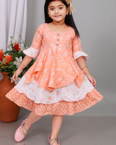 Girls Below Knee Festive/Wedding Dress (Orange, Half Sleeve)