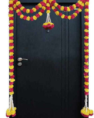 hafenhaus Artificial Genda Diwali Decoration Item For Wall Door Hanging Bell-Toran|Pooja Red, Yellow Marigold Artificial Flower (60 inch, Pack of 4, Garlands)
