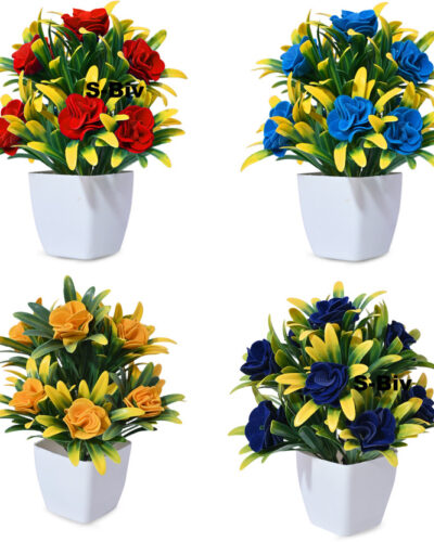 S-Biv Set of 4 Flowers with Pot Indoor Artificial Plants for Desk or Home Decoration Multicolor Rose Artificial Flower with Pot (7 inch, Pack of 4, Flower with Basket)