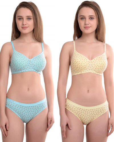 Bra & Panty Set Self Design Blue, Yellow Lingerie Set