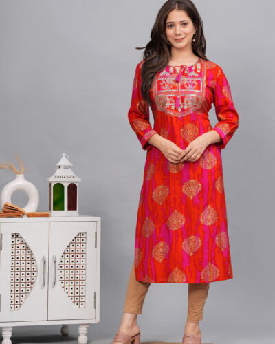 Women Embroidered, Printed Viscose Rayon Straight Kurta (Orange, Pink)