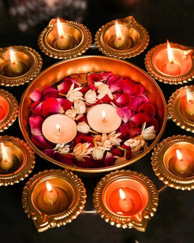FogLobby Diya Shape Flower Decorative Urli Bowl for Home Iron Diya Set Decorative Showpiece - 5 cm (Metal, Gold)