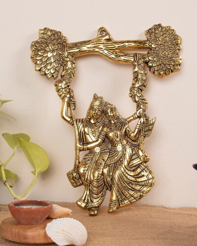 Koolwal craft Radha Krishna Tree Jhula Wall Hanging Decorative Showpiece - 29 cm (Metal, Gold)