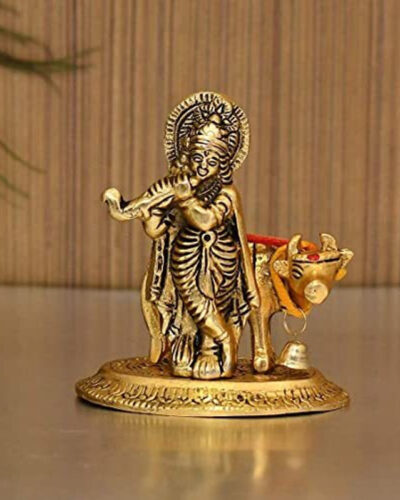 Koolwal craft Krishna with Cow Idol for Home, Shop, Temple, office Gifting and Return Gift Decorative Showpiece - 9 cm (Metal, Gold)