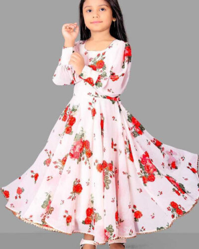 Girls Calf Length Casual Dress (White, Full Sleeve)