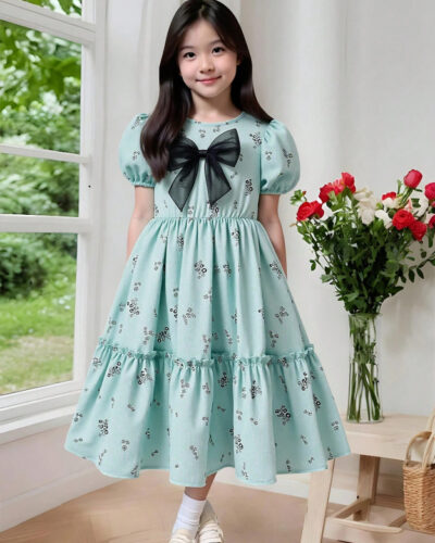 Girls Midi/Knee Length Festive/Wedding Dress (Green, Full Sleeve)