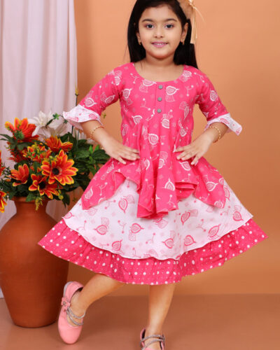 Girls Below Knee Festive/Wedding Dress (Pink, 3/4 Sleeve)