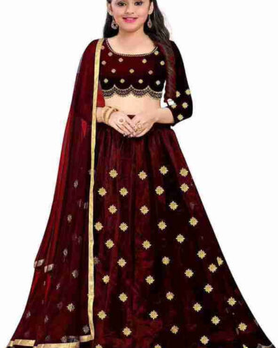 Girls Lehenga Choli Ethnic Wear Embroidered Lehenga, Choli and Dupatta Set (Maroon, Pack of 1)