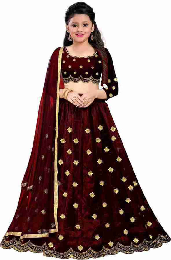 Girls Lehenga Choli Ethnic Wear Embroidered Lehenga, Choli and Dupatta Set (Maroon, Pack of 1)
